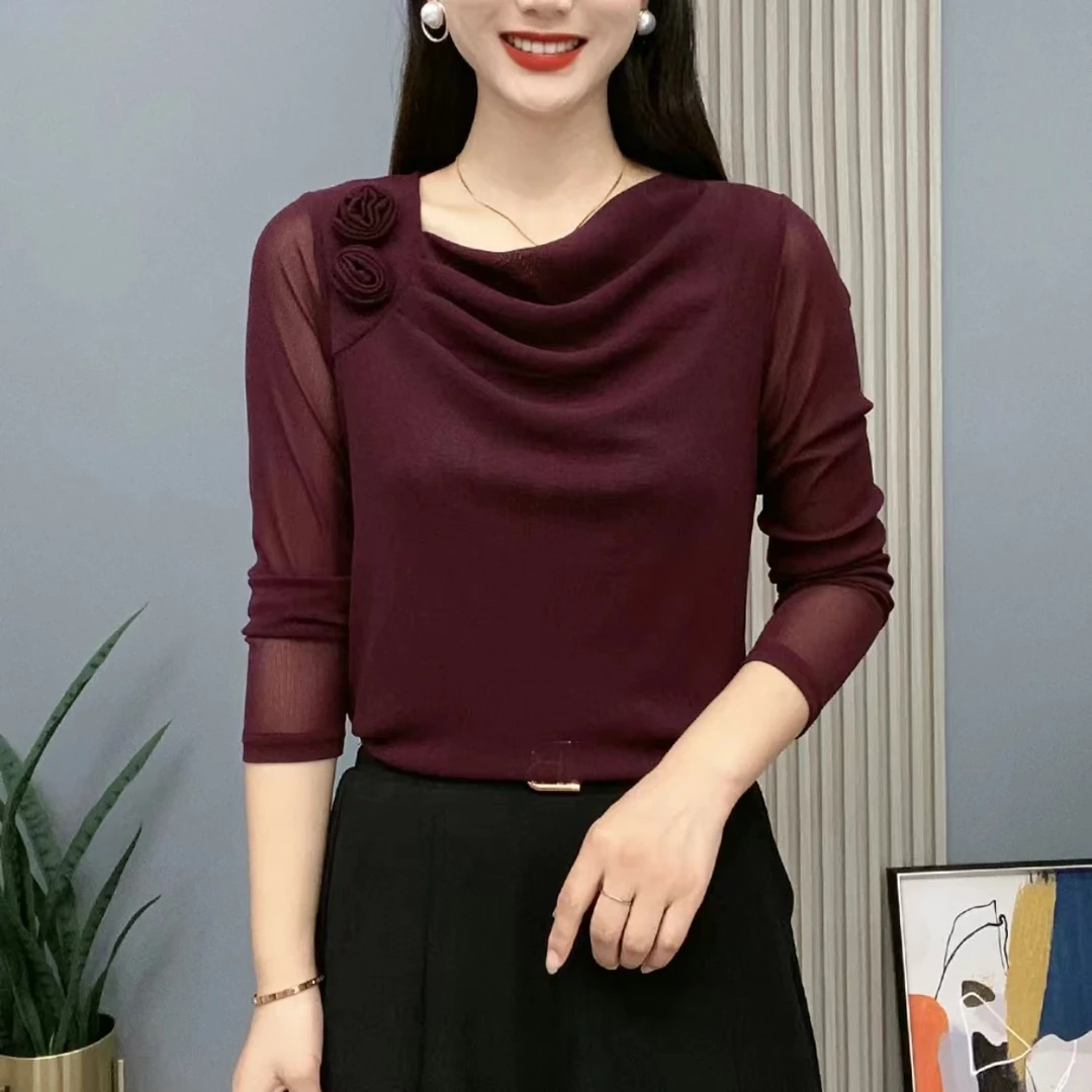 2024秋季新款女士上衣妈妈装两朵花纯色长袖修身显瘦时尚打底小衫