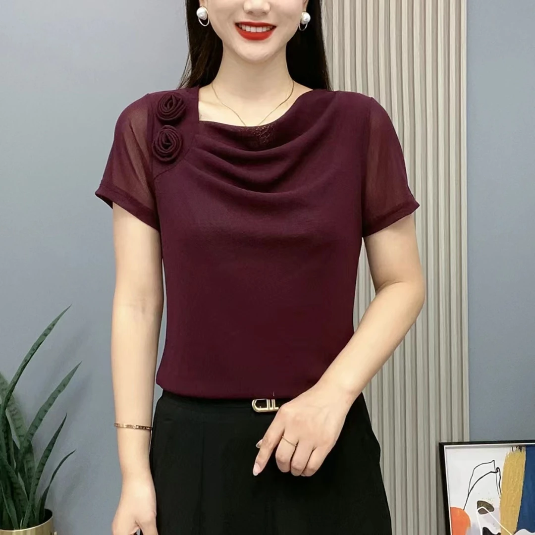 2024夏季新款女士上衣妈妈装两朵花纯色短袖修身显瘦时尚打底小衫