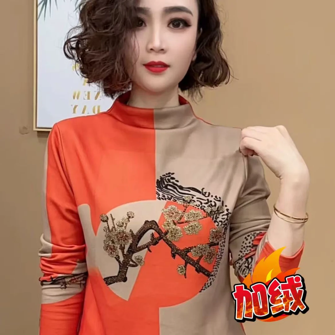 秋冬新款女士上衣半高领印花设计感百搭长袖修身显瘦加绒保暖打底