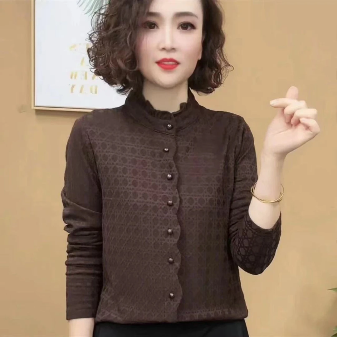 新款上衣木耳边长袖套头打底衫加厚百搭上衣洋气妈妈装修身显瘦