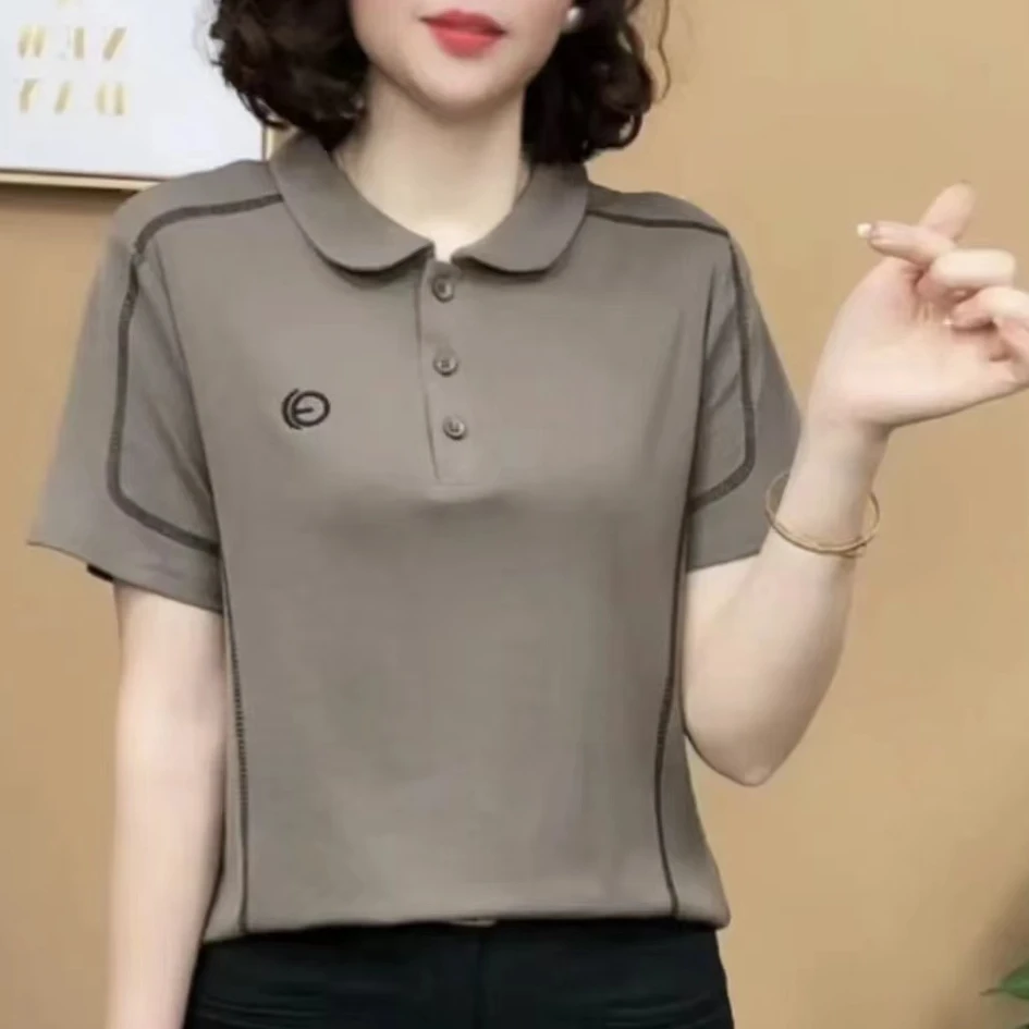 夏季新款女士上衣百搭纯色娃娃领时尚洋气短袖T恤休闲翻领韩版