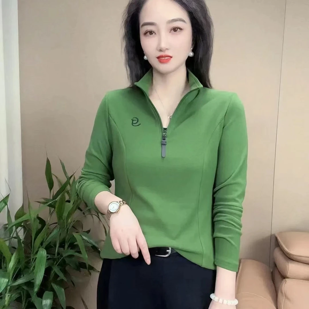 秋冬新款时尚拉链纯色刺绣双面绒气质显瘦长袖休闲上衣立领打底女