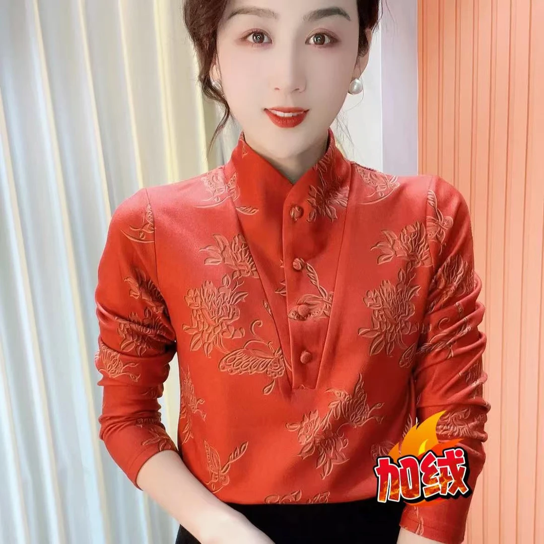 2024冬季新款女士上衣中领印花气质百搭时尚洋气长袖减龄加绒打底