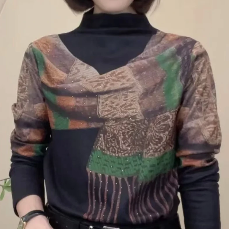 秋冬新款设计感假围巾T恤半高领长袖时尚百搭简约女士小衫显瘦