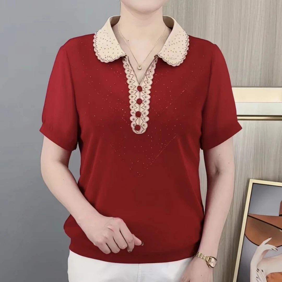 夏季新款女士上衣翻领纯色烫钻百搭显瘦气质妈妈装短袖时尚休闲