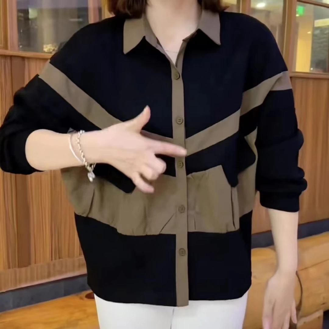 开衫外套秋季拼接衬衫妈妈新款韩版休闲时尚宽松撞色上衣蝙蝠袖