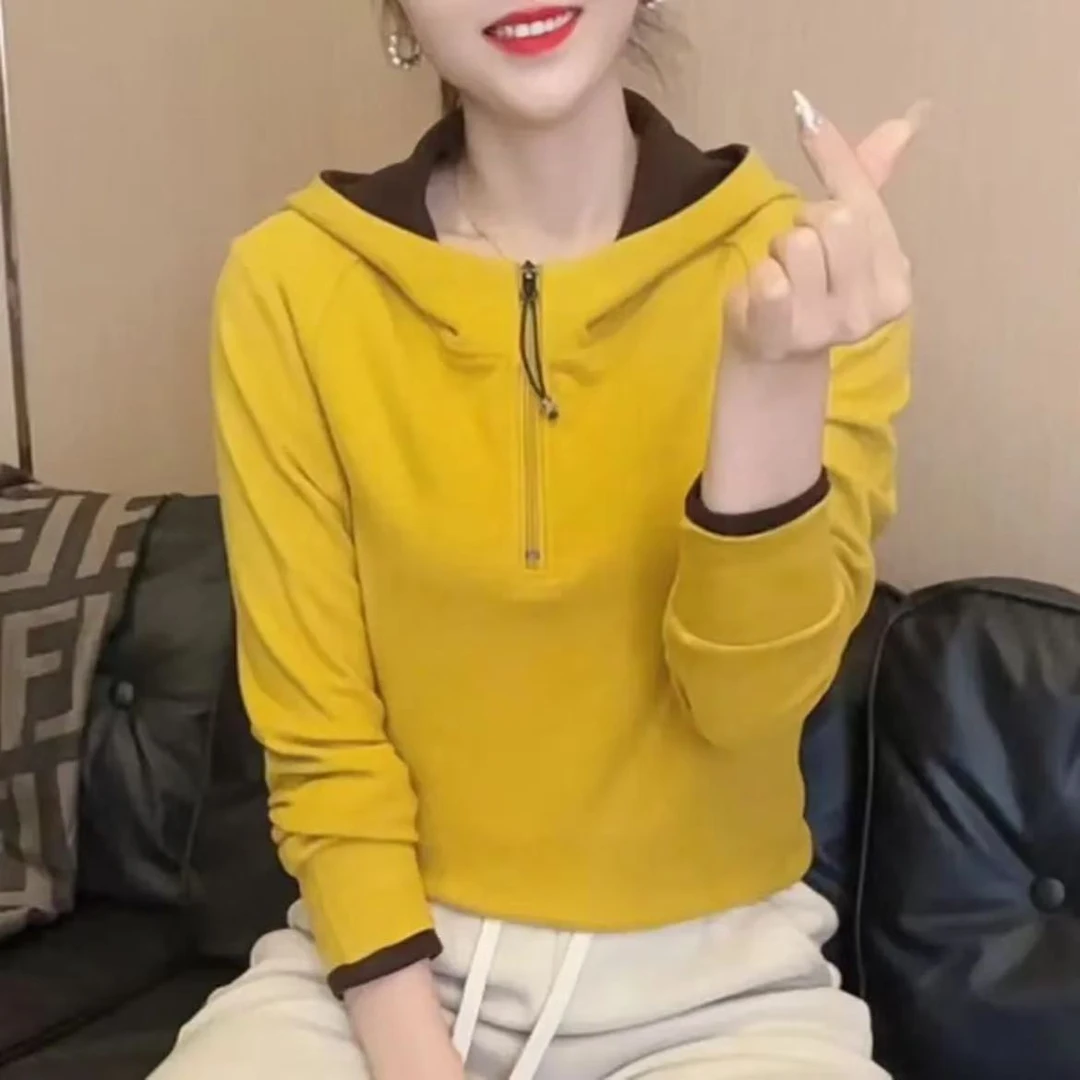 拼色连帽上衣半拉链双面绒卫衣女秋冬款韩版休闲洋气百搭上衣显瘦