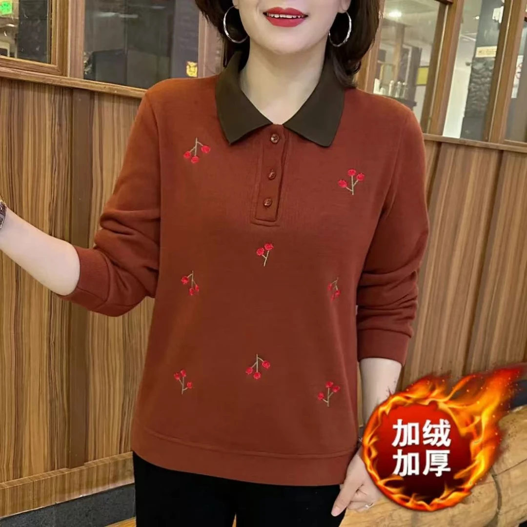 加绒加厚保暖冬季新款女士上衣POLO领时尚刺绣小花宽松显瘦卫衣