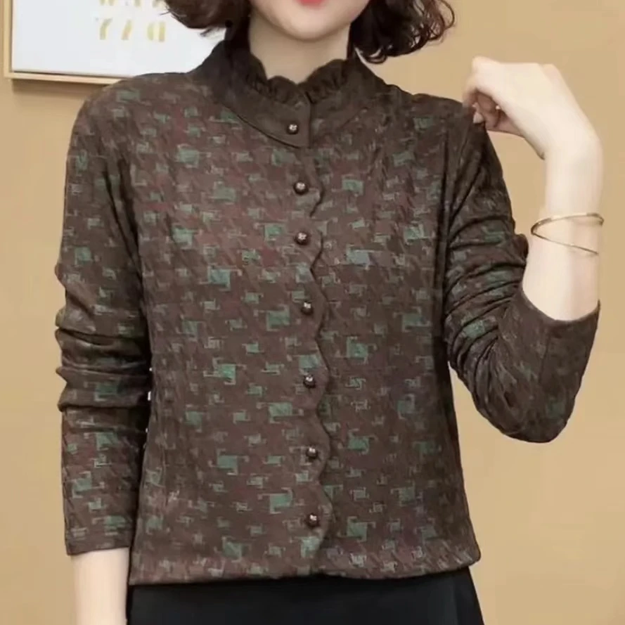 新款时尚洋气上衣女士百搭立领长袖套头减龄印花宽松显瘦妈妈装