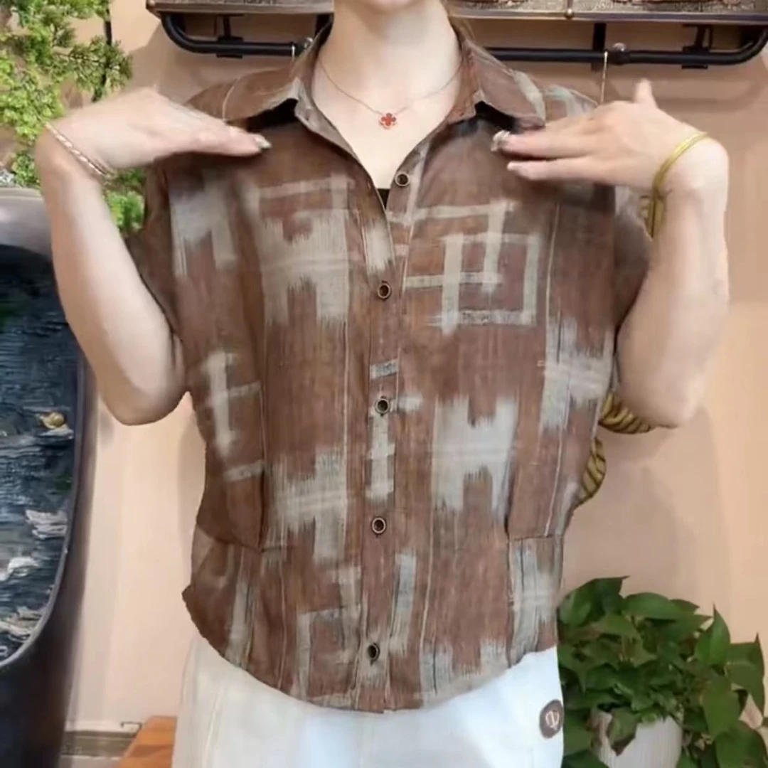 时尚薄款短袖衬衫夏季2024新款百搭洋气衬衣宽松上衣印花显瘦