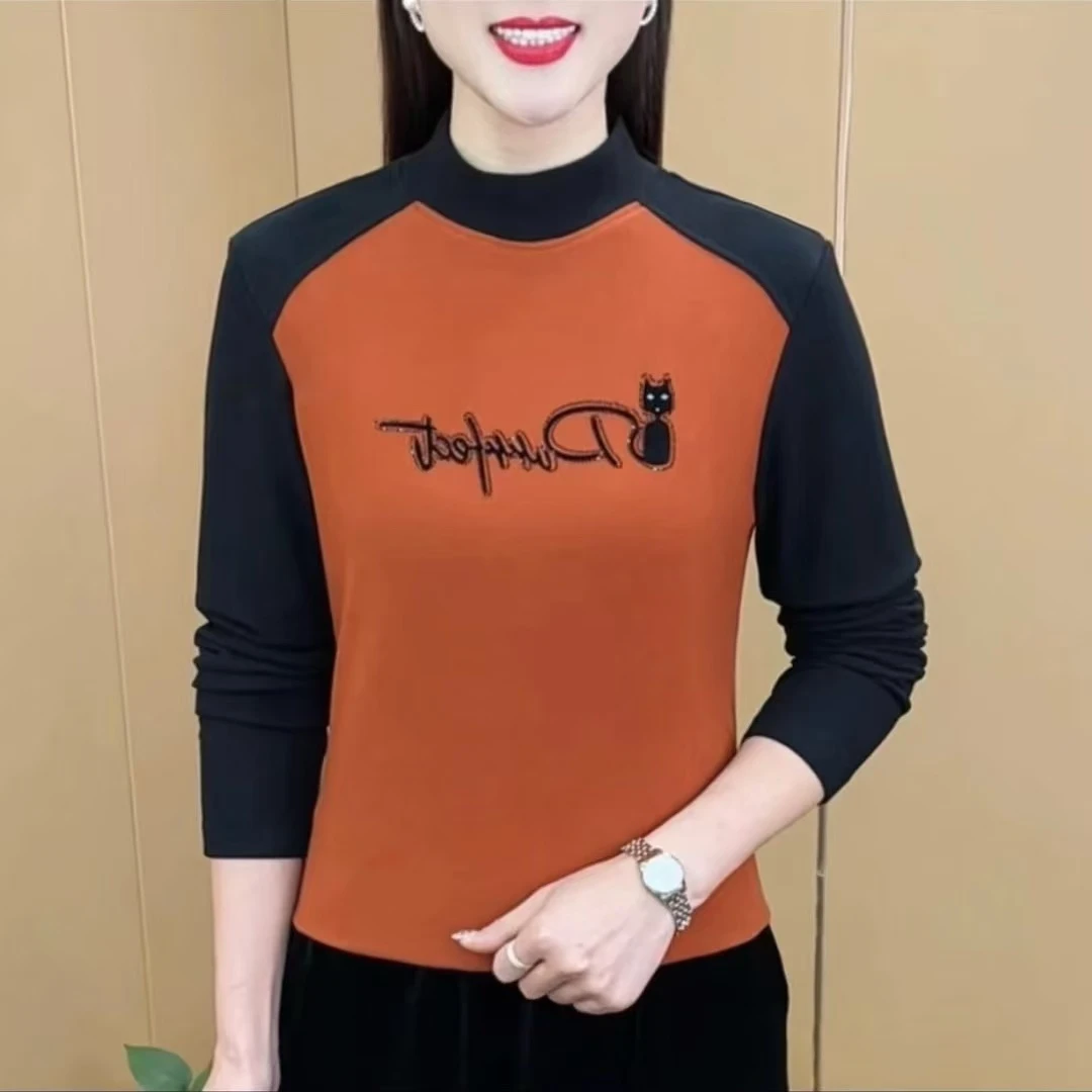 新款时尚双面绒精致半高领拼接烫钻气质显瘦长袖上衣女士打底衫