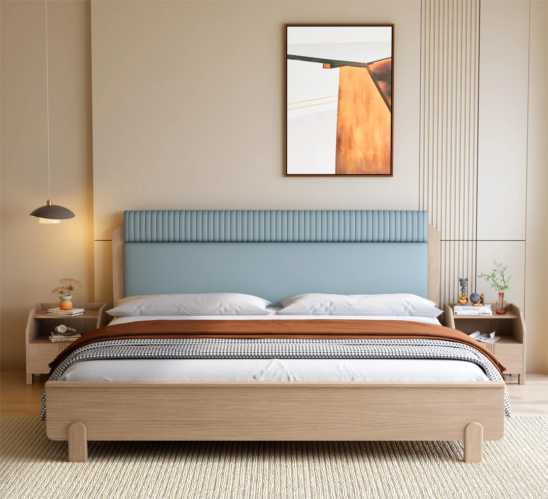 北欧1.8米实木床主卧双人大床黄金梨木简约原木色纯实木软包床