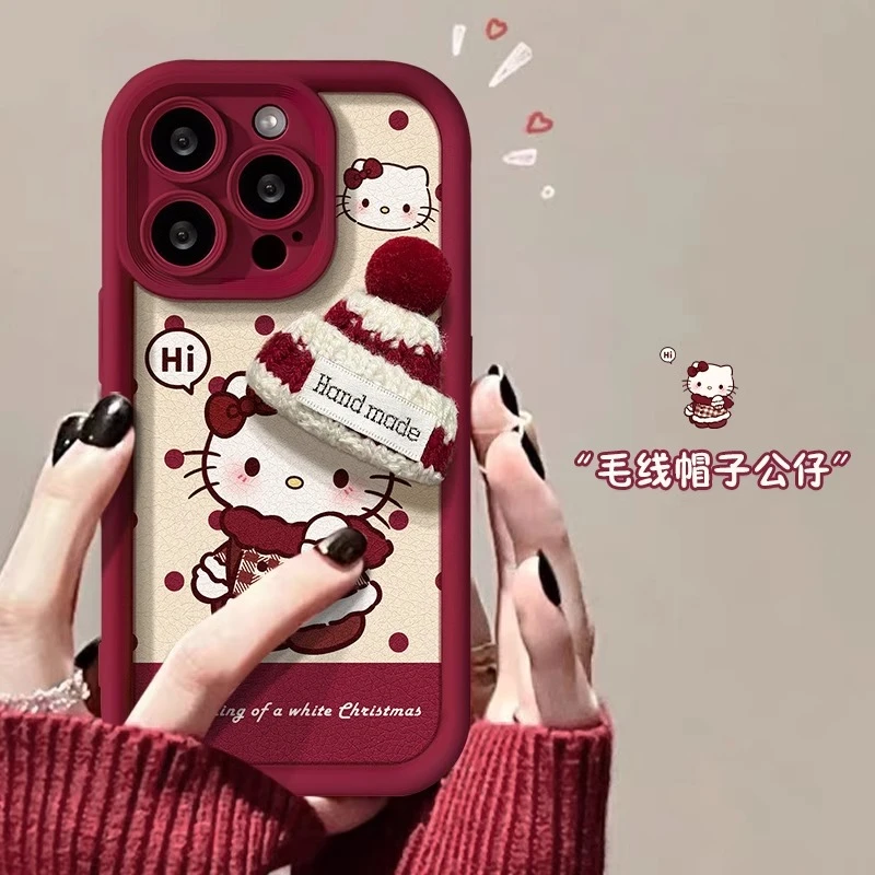 ins可爱凯蒂猫冬帽适用iPhone14苹果13韩风15promax全包x女款立体