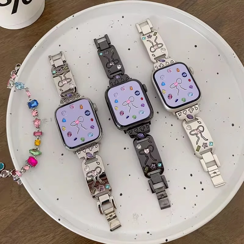 适用s9苹果手表applewatch8彩色se皓石夏s7蝴蝶结iwatch9金属s8女