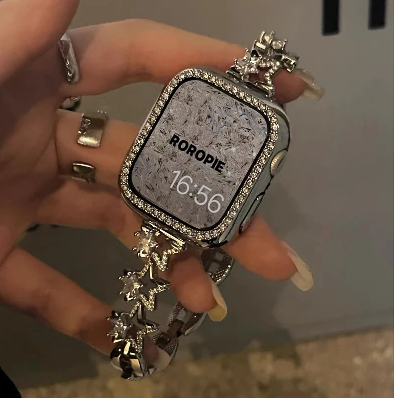适用iwatch8表带s8苹果手表S9星星9镶钻高级Se金属不锈钢女夏表链