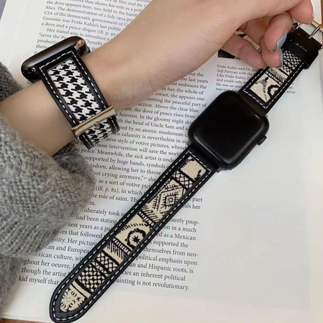 s8适用苹果Applewatch8765/SE2手表带s9小众千鸟格真皮拼帆布男女