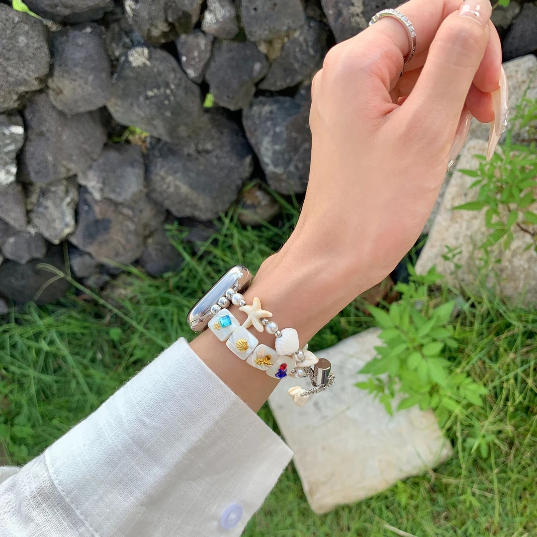 适用苹果iwatch9表带S9/s10手表8新款贝壳海星双排链s7女S8高级se