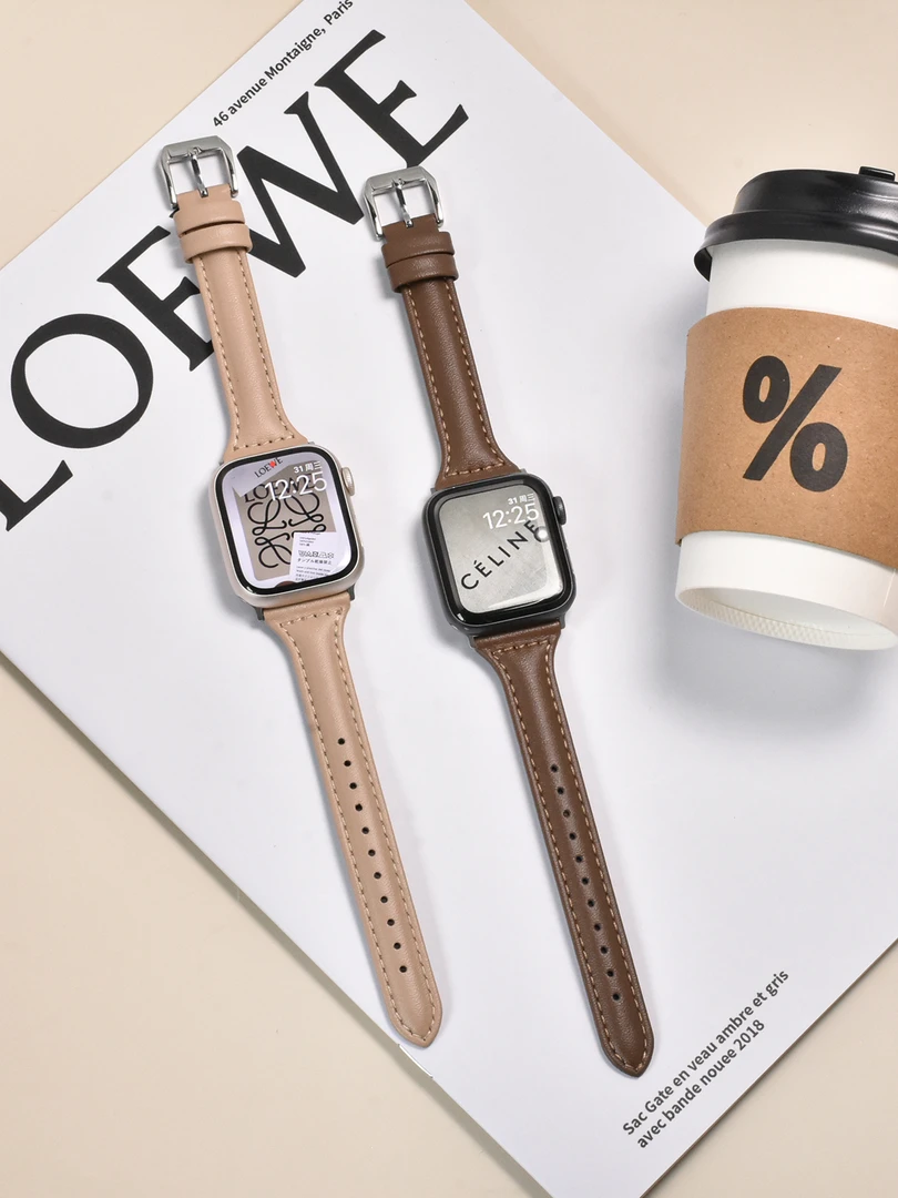 适用苹果手表S9表带9新款ultra2皮质7真皮小蛮腰iwatch8女S8时尚