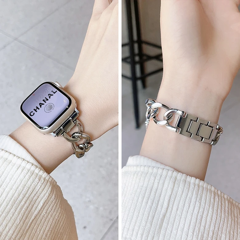 S9小香风适用iwatch9表带S10苹果手表金属S8表链Se高级感s7女钢带