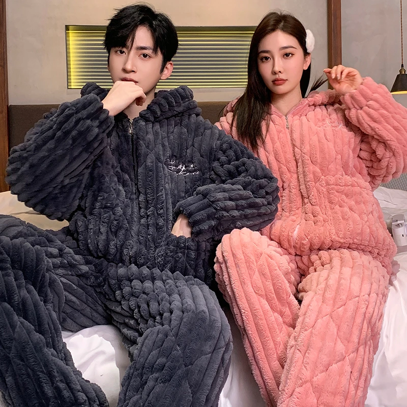 三层夹棉睡衣女情侣装秋冬保暖套装冬季新款加厚加绒可外穿家居服