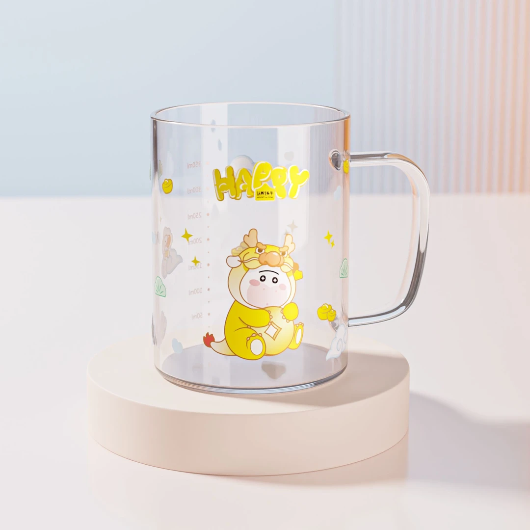认养一头牛定制玻璃杯印花水杯日常卡通杯刻度杯圆形喝水350ml-TY