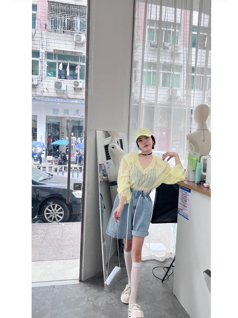 思思姐女装韩版黄色泡菜同款防晒浅蓝色高腰五分裤