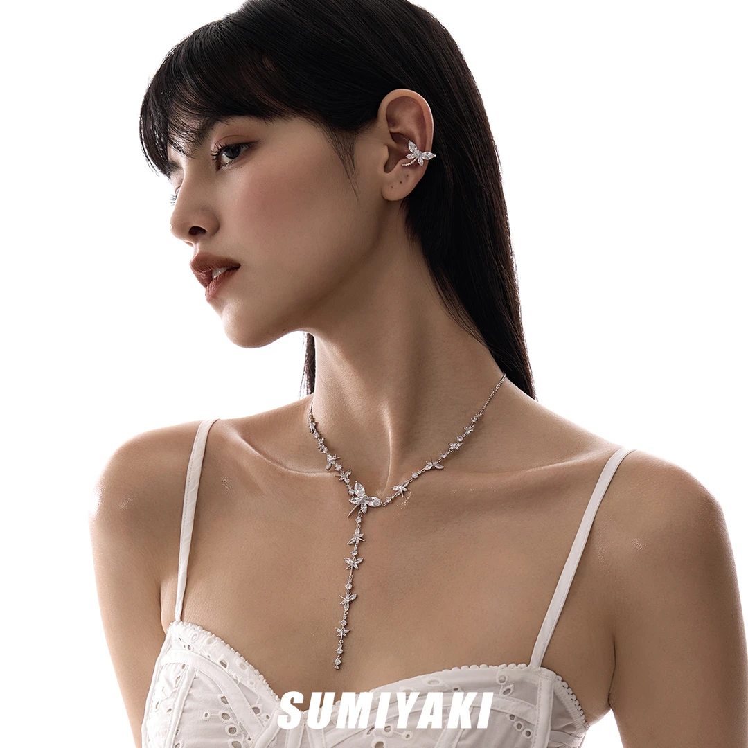 铜合金合成锆石项链 SUMIYAKI小蜻蜓满钻项链女长款Y字形流苏项链