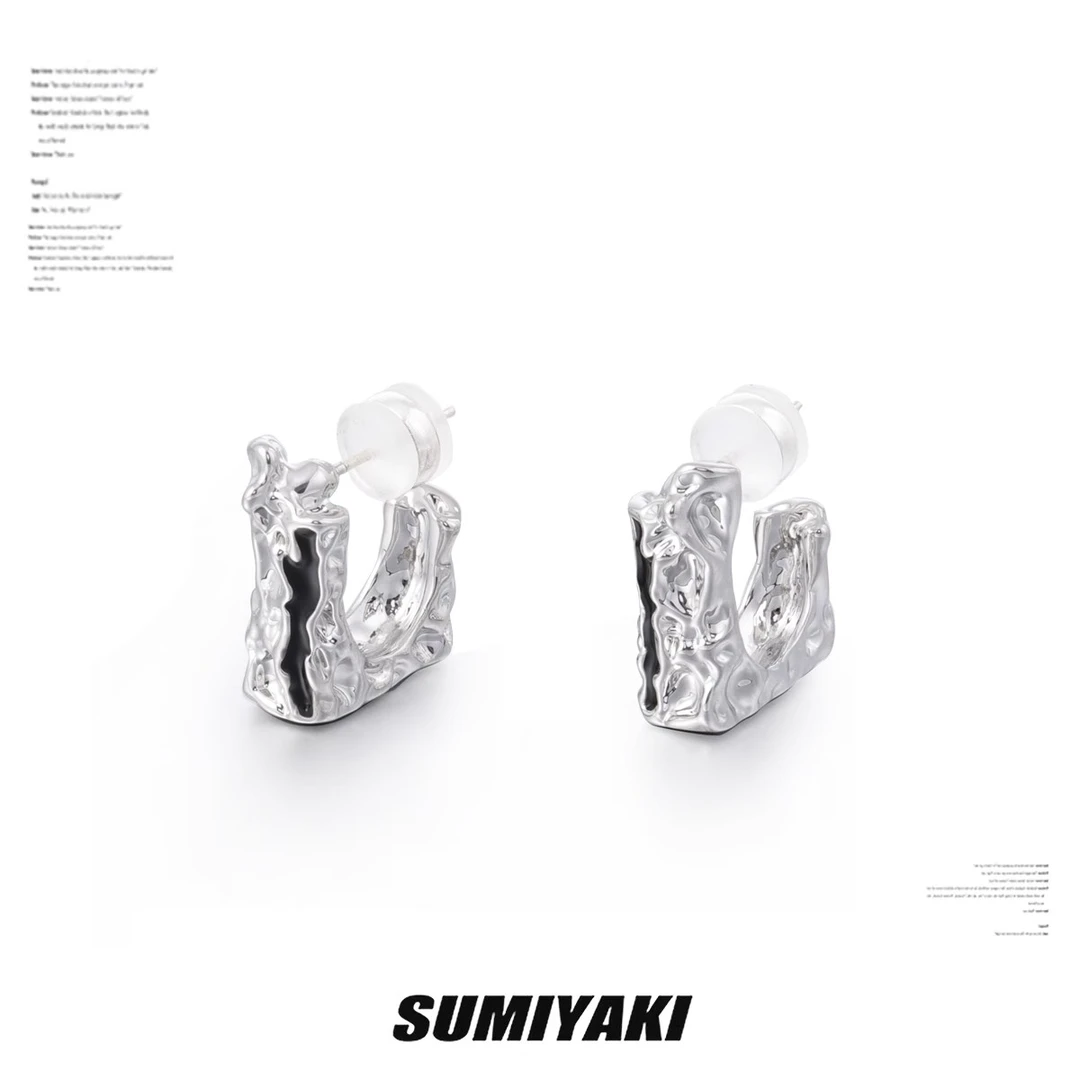 铜合金合成锆石耳饰  SUMIYAKI肌理金银方块耳环
