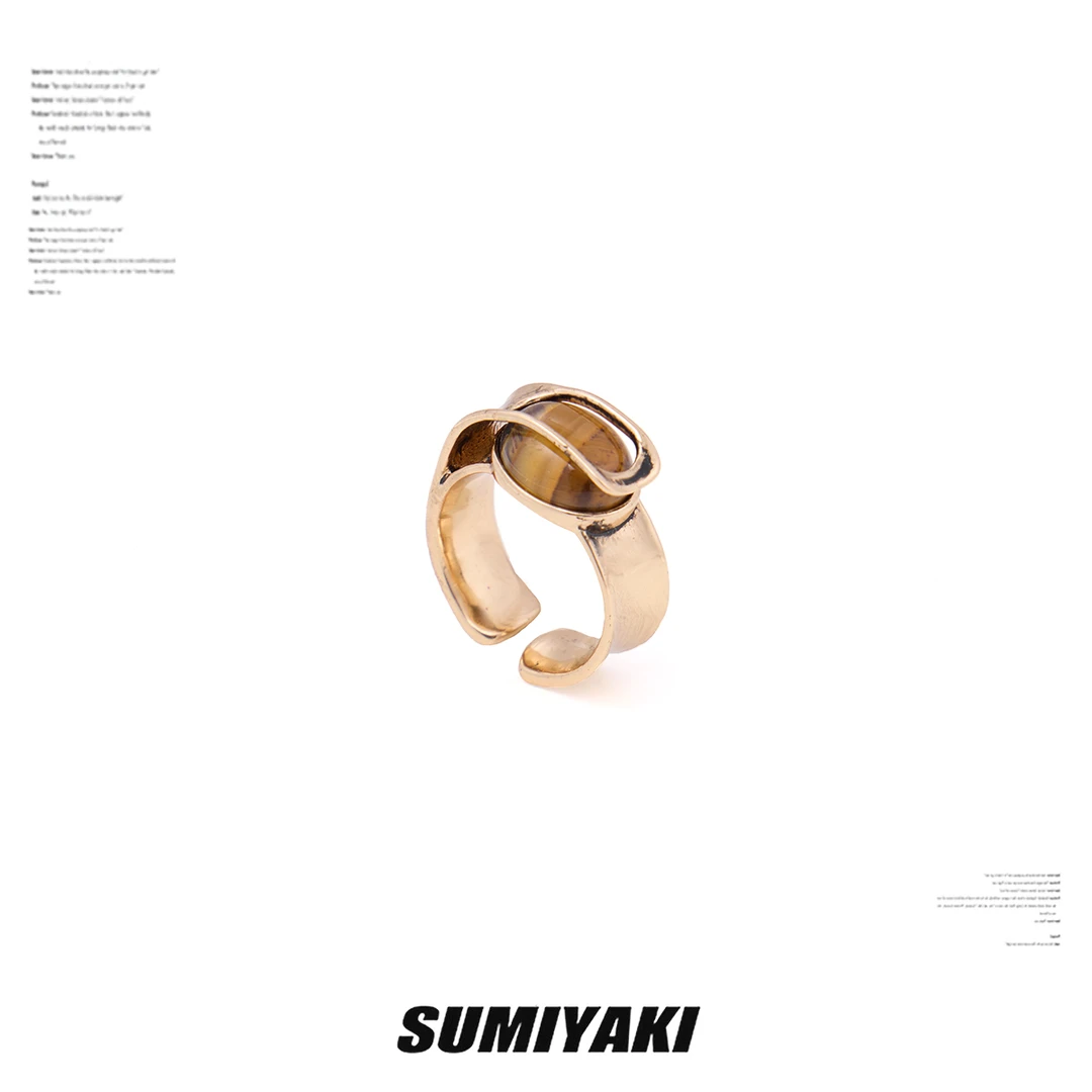 铜合金合成锆石戒指 SUMIYAKI 复古雅丹风虎眼石戒指女开口戒