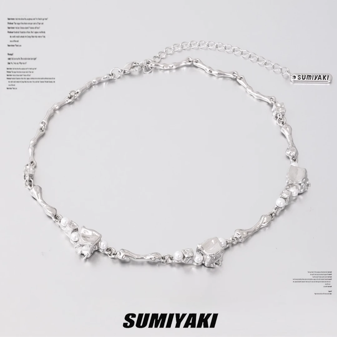 铜合金合成锆石项链 熔岩方块系列ice甜美锁骨链手工冰块项链ins