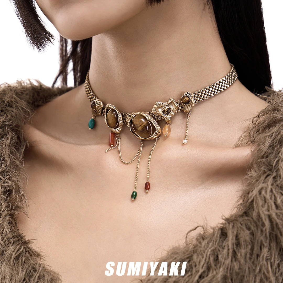 铜合金合成锆石项链 SUMIYAKI复古vintage雅丹虎眼石颈链流苏项链