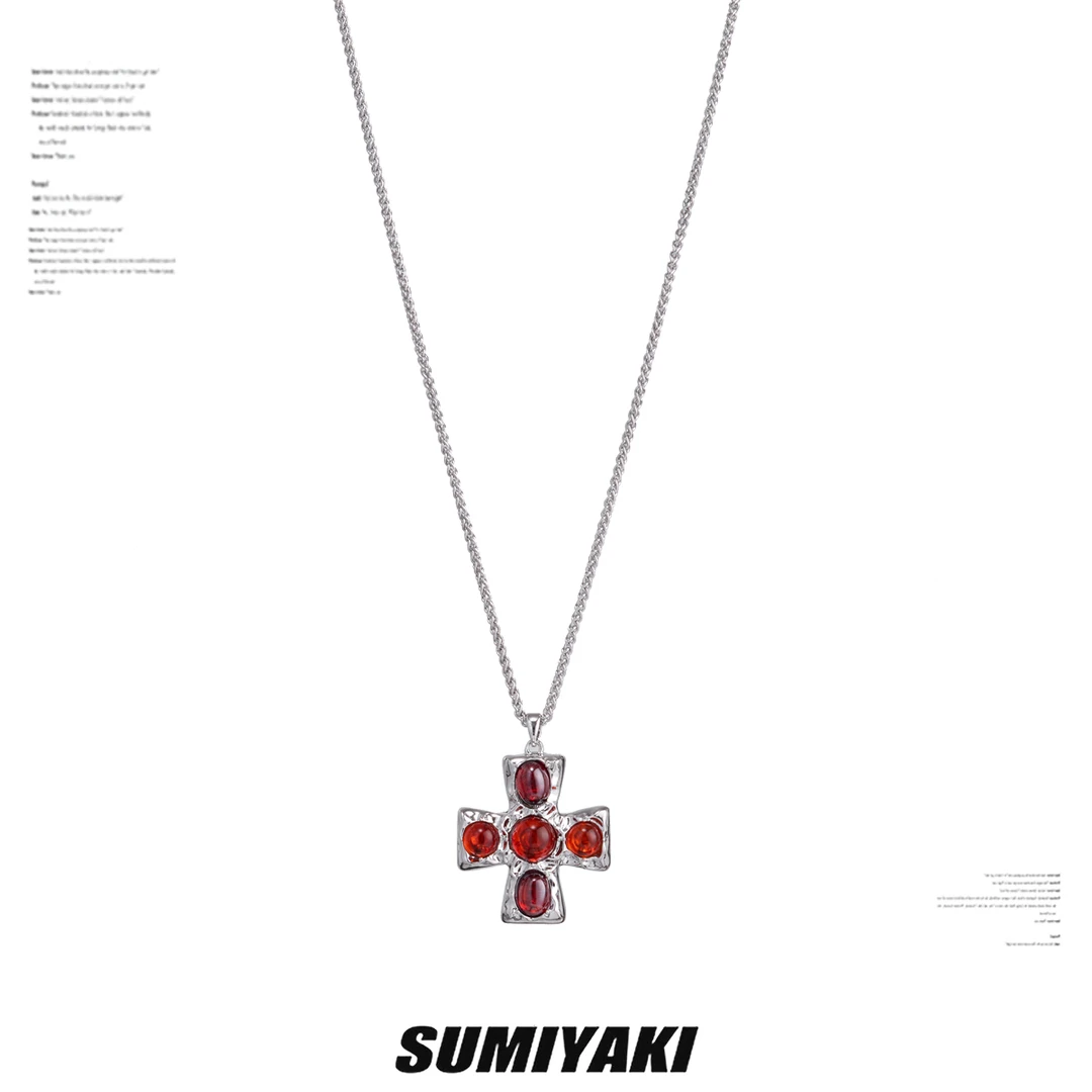 铜合金合成锆石项链 SUMIYAKI 大号红色十字架项链 卫衣毛衣链