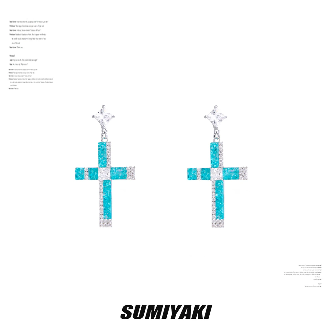铜合金合成锆石耳饰 SUMIYAKI 蓝色镶钻十字架耳环吊坠耳饰