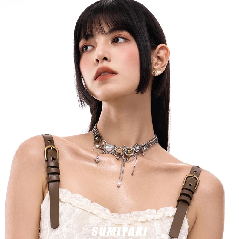 铜合金仿珍珠项链 SUMIYAKI 美式复古辣妹蝴蝶撞色锁骨链