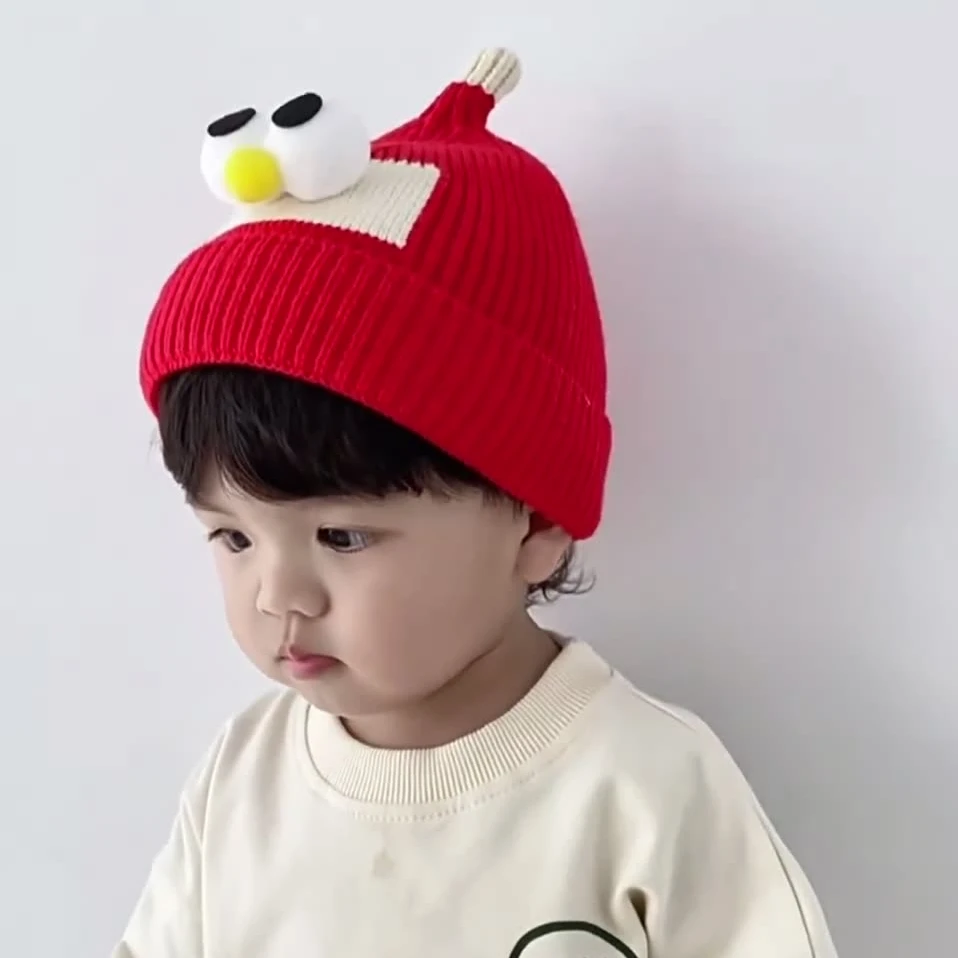 婴儿帽子秋冬季男女宝宝针织毛线帽可爱超萌婴幼儿大眼睛 套头帽