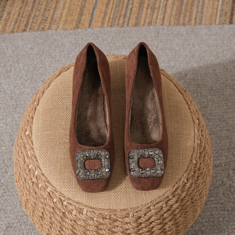 秋冬新款牛反绒真皮方根粗跟浅口闪钻优雅气质洋气加绒加厚高跟鞋