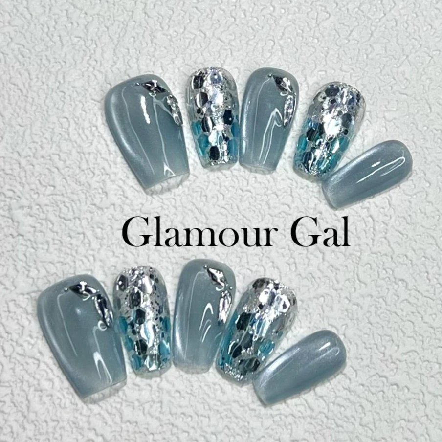 【海洋之谜】纯手工穿戴甲亮片猫眼夏季显白温柔百搭高级感指甲贴片