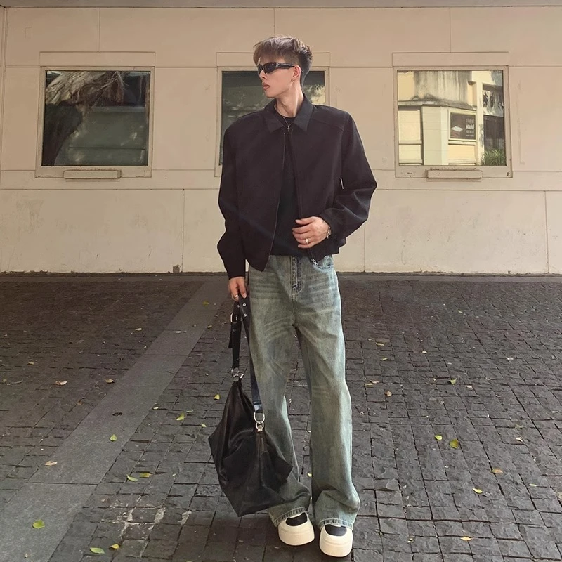 渐变水洗做旧牛仔裤男春秋美式vibe高街潮牌痞帅修身直筒微喇裤子