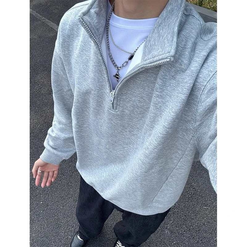 浅灰色半拉链500g重磅卫衣男春秋冬加绒美式复古潮牌宽松中山外套