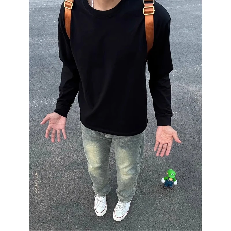 黑色纯棉打底衫重磅长袖t恤男春秋美式cleanfit潮牌宽松内搭上衣