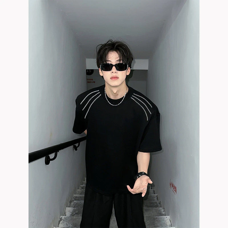 线条解构垫肩重磅300g短袖t恤男夏季美式潮牌痞帅宽松百搭五分袖