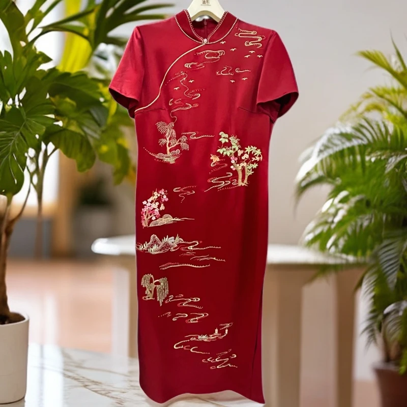 17258朱紫褕中国风旗袍复古显瘦时尚优雅气质修身婚礼中式酒红色