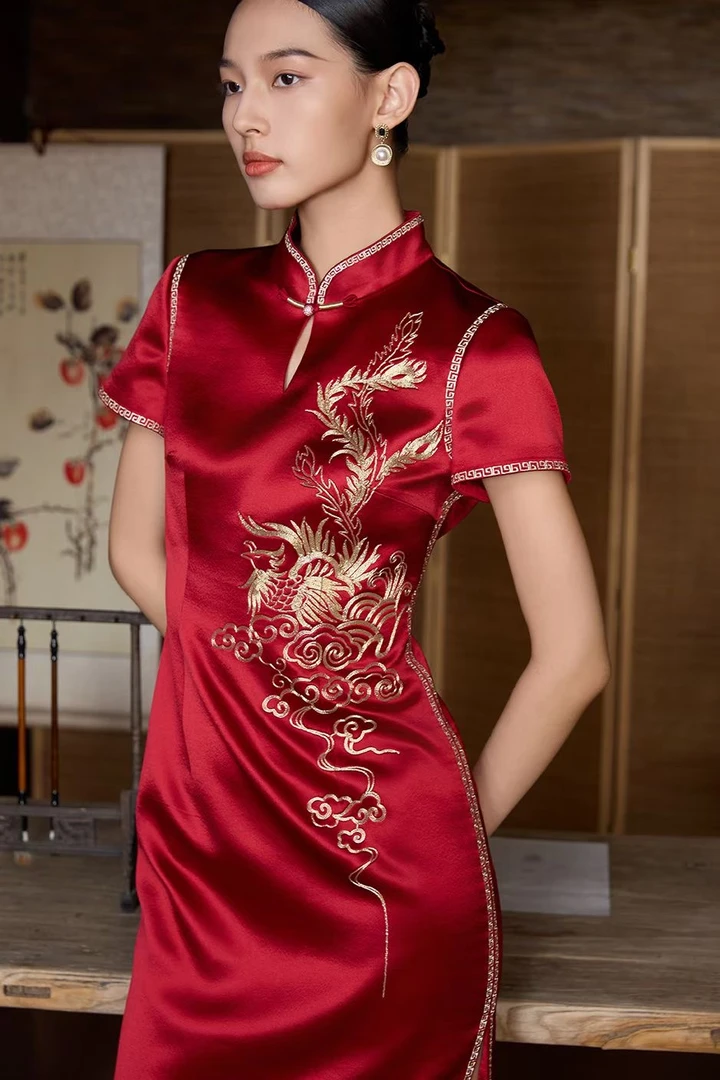 170033六礼醋酸中式旗袍服装大码复古显瘦修身气质高贵婚庆礼服