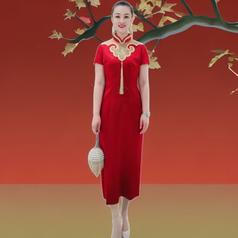 17811朱紫褕国风旗袍气质修身显瘦高贵优雅婚礼中式酒红色长款