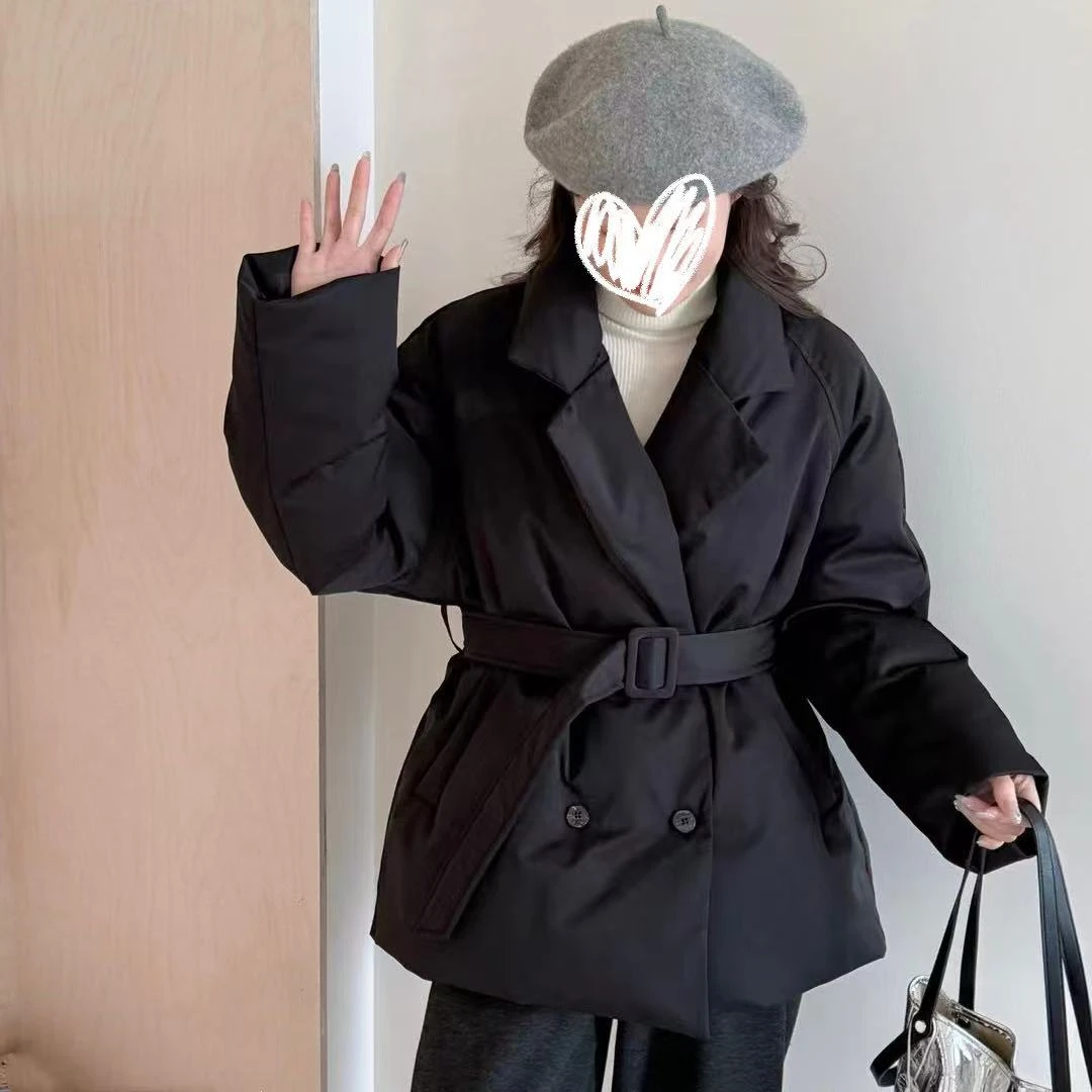 伟丽店2896款【腰带西装羽绒服】秋冬西装领腰带双排扣羽绒服气质