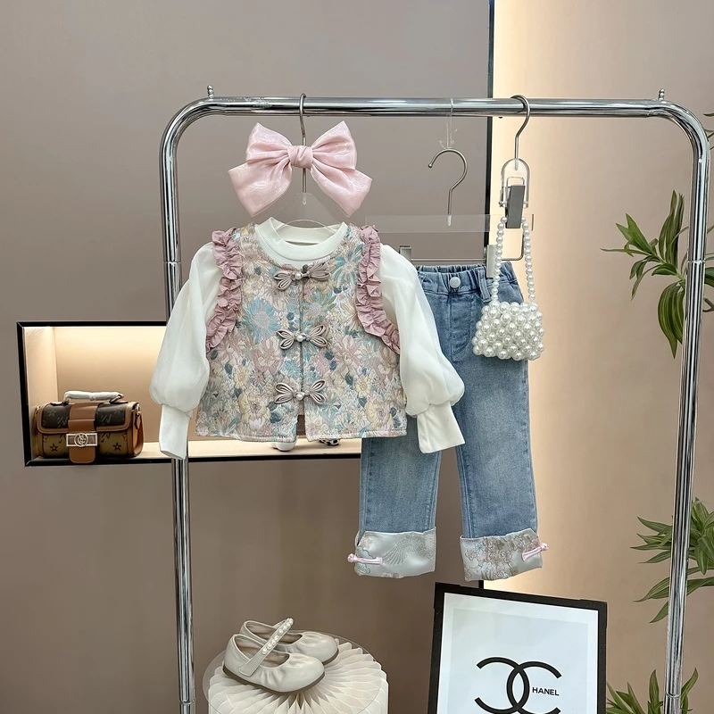 女童2024春季新中式国风马甲+打底衫+国风牛仔裤三件套