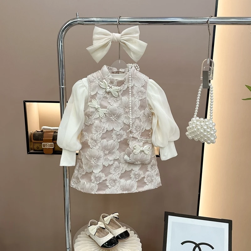 女童春季新款国风新中式旗袍+打底衫国风套装洋气潮3101