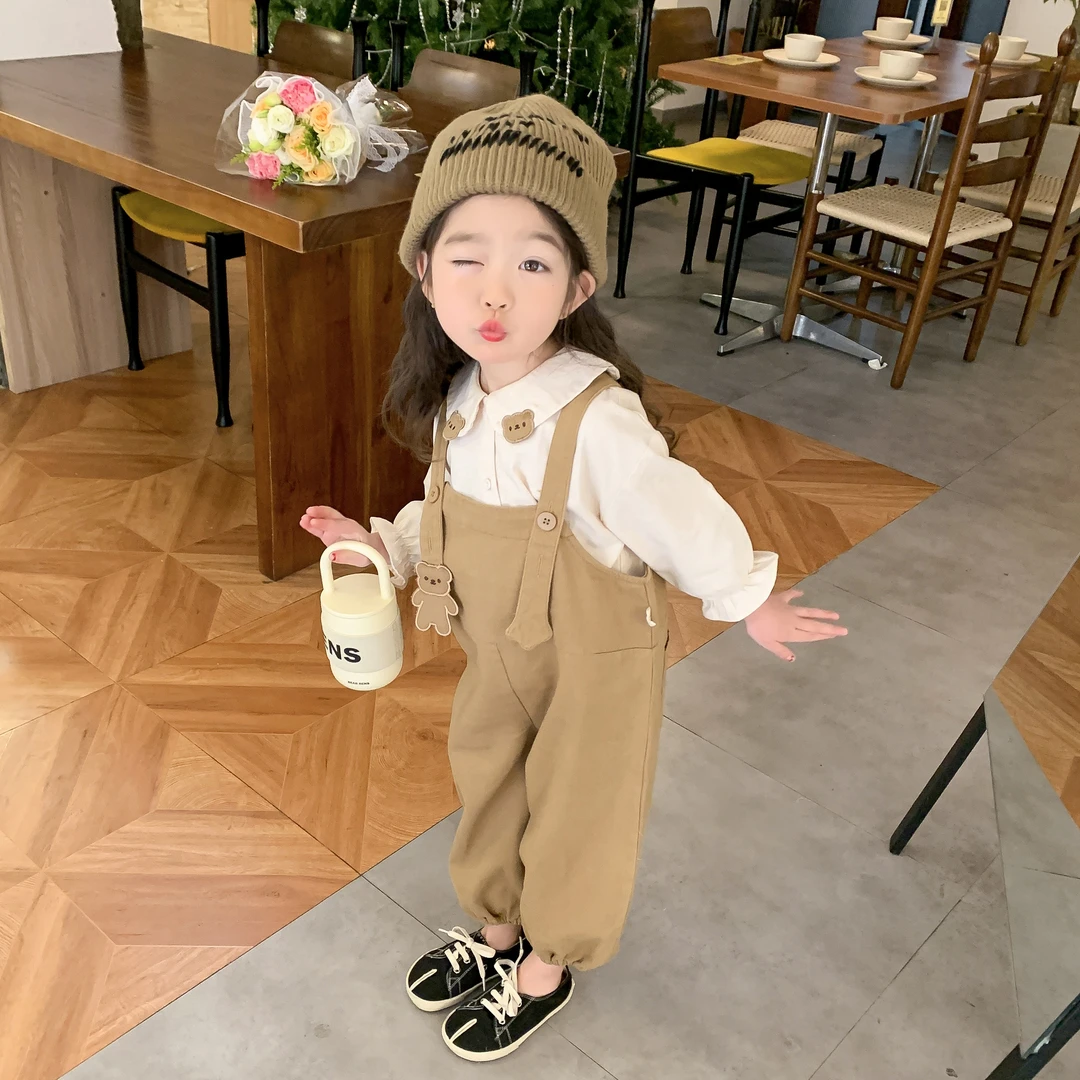 2023春秋季新款中小童秋装女宝娃娃领衬衫+背带裤套装洋气时髦