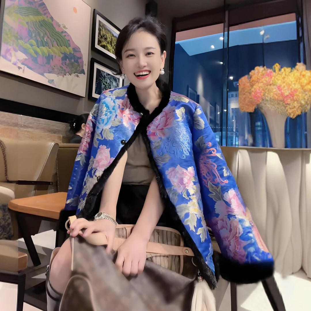 诺谰 水貂毛+真丝桑蚕丝云锦两面穿中国风秋冬貂皮大衣女短款2002