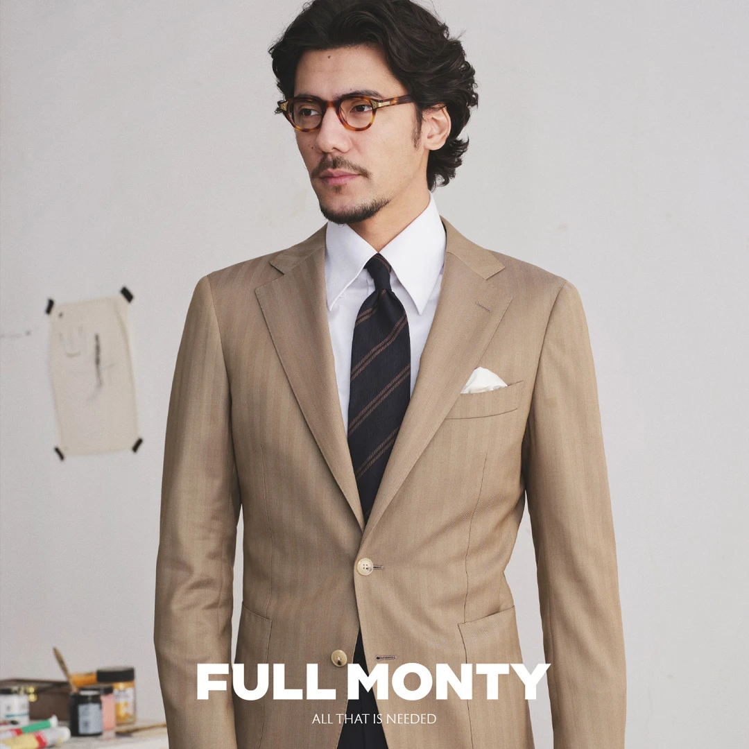 【TRABALDO TOGNA1840】羊毛西服外套男士卡其色人字纹西装春